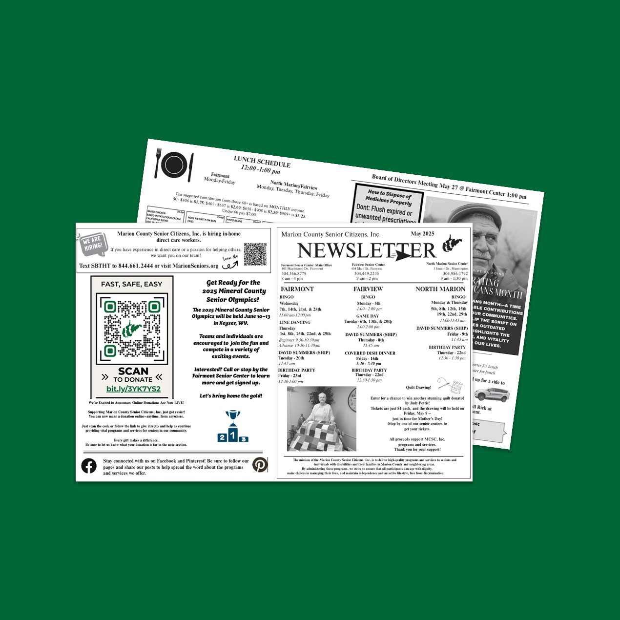 Marion Senior's Newsletter on green background. It is printed with high contrast colors and includes information on upcoming events, the lunch schedule and menu, important stories, and more